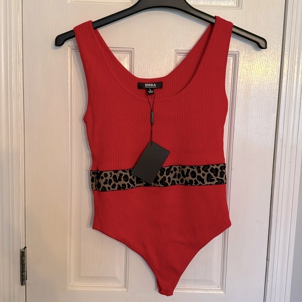 Hera Collection ribbed red and leopard bodycon bodysuit NWT L
